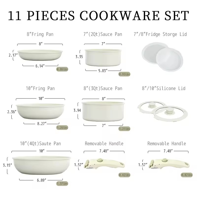 Non Stick Cookware Sets Fry Pans Pots with Removable Handle