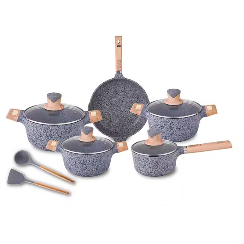 Non Stick Pots and Pans Set with Marble Coating Wooden Handle