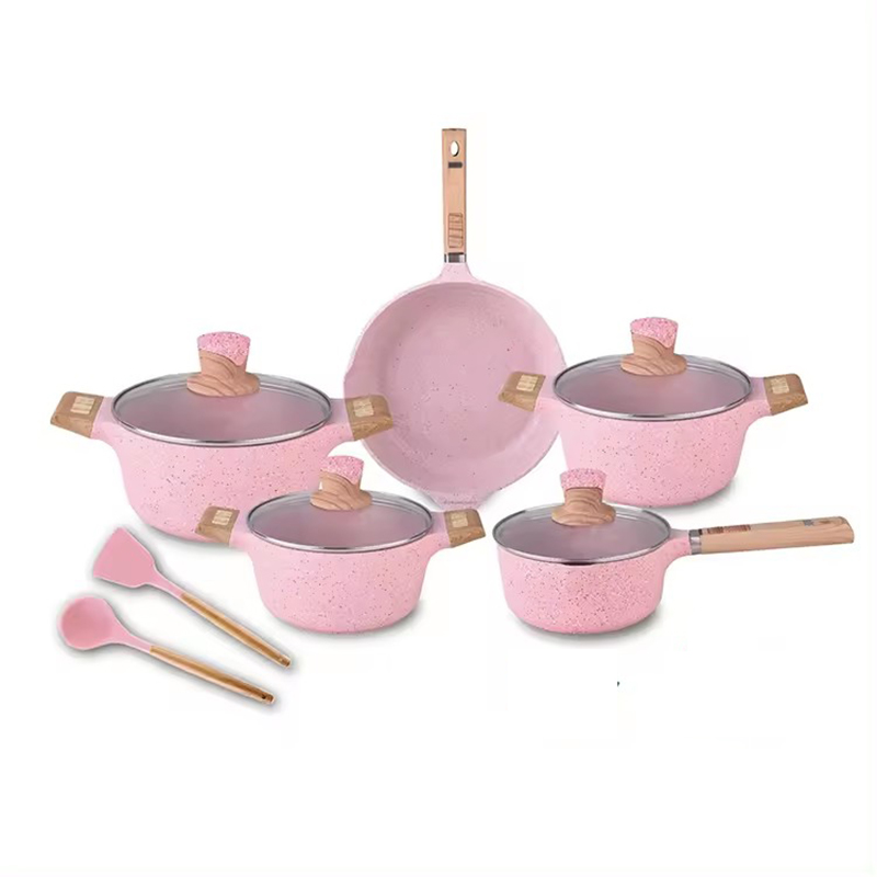 Non Stick Pots and Pans Set with Marble Coating Wooden Handle