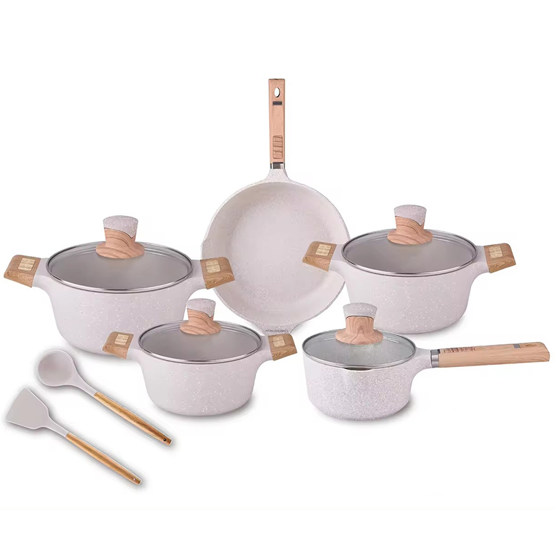 Non Stick Pots and Pans Set with Marble Coating Wooden Handle