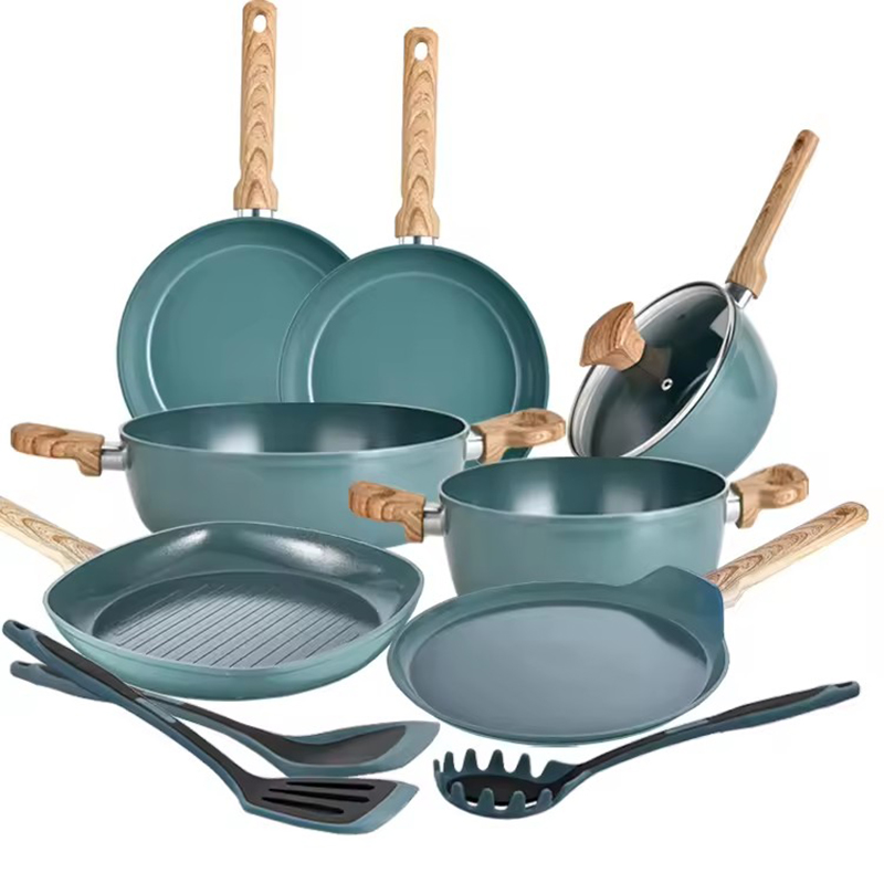 Green Color Printing Aluminum Non-stick Cookware Sets